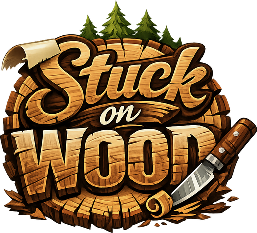Stuck on Wood logo: a carved wood-slice badge with pine trees and a carving knife